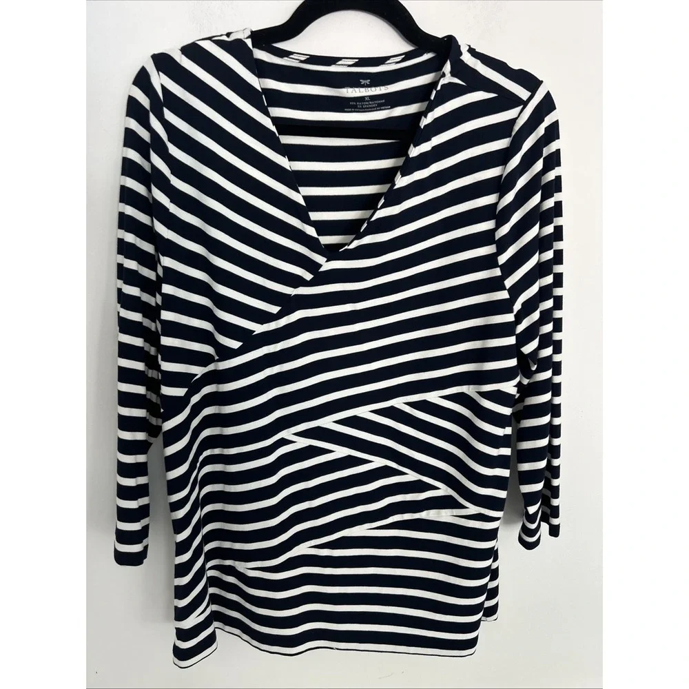Talbots Women's XL Navy White Striped‎ V-Neck 3/4 Sleeve Crossover Front Top